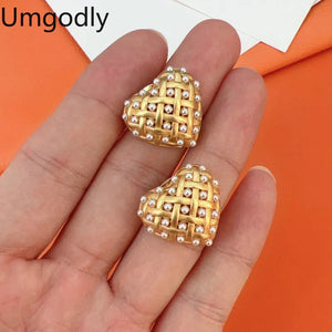 18k Brass Heart Stud Earrings with Pearls - Retro Style Jewelry