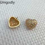 18k Brass Heart Stud Earrings with Pearls - Retro Style Jewelry