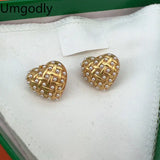 18k Brass Heart Stud Earrings with Pearls - Retro Style Jewelry