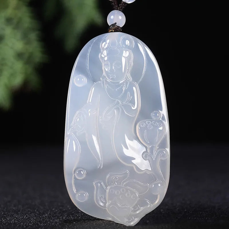 Brazil Natural Ice Seed Chalcedony Agate Guanyin Pendant