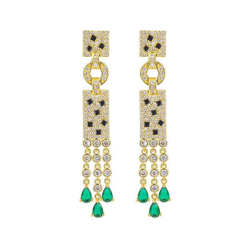 Brazilian Geometric Emerald Green Tassel Dangle Earrings