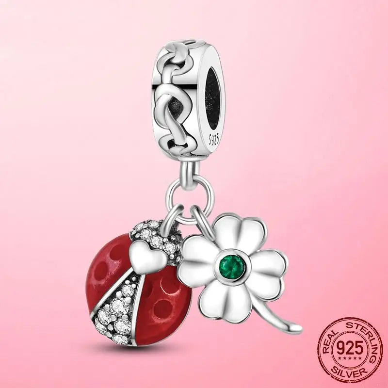 925 Silver Ladybug Lucky Clover Flower Horseshoe Dangle Charm Beads