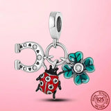 925 Silver Ladybug Lucky Clover Flower Horseshoe Dangle Charm Beads