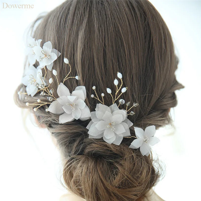 Bridal Chiffon Flower Hair Pins Clips Pearls Wedding Hair Jewelry