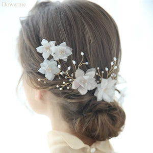 Bridal Chiffon Flower Hair Pins Clips Pearls Wedding Hair Jewelry