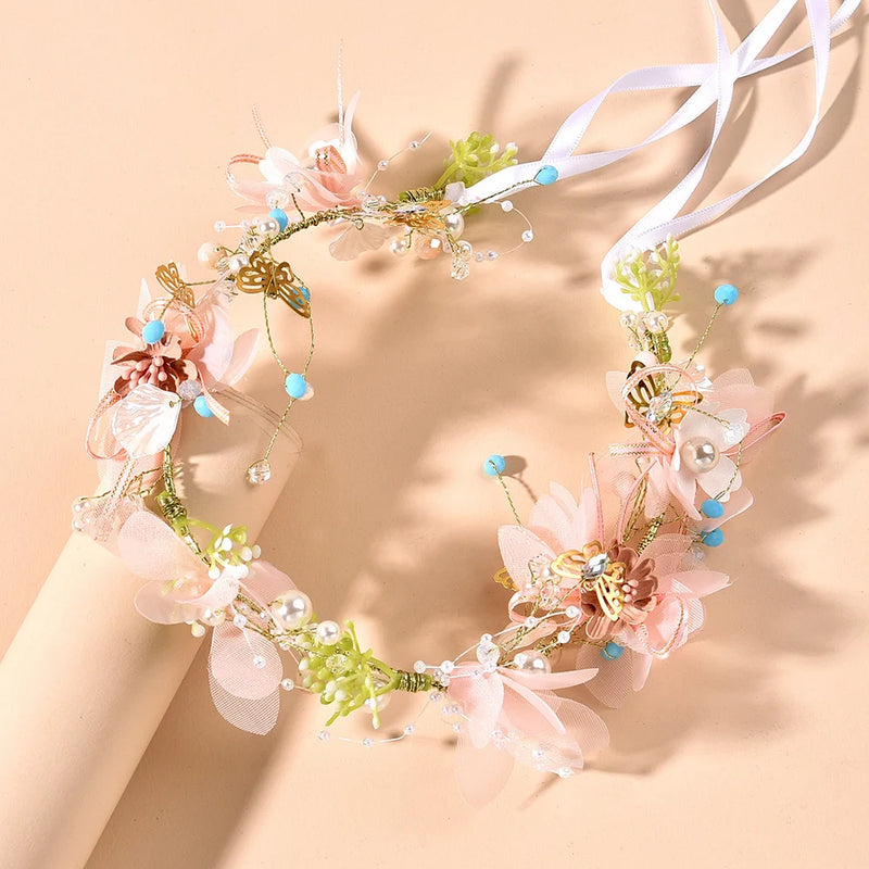 Bridal Flower Crown Floral Headband Pearls Headpiece