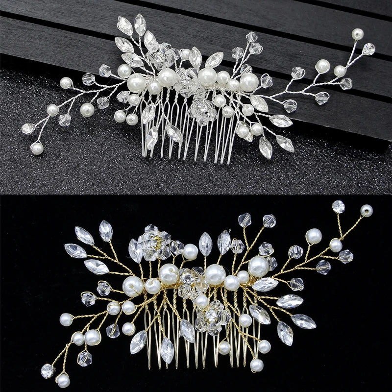 Bridal Flower Headpiece Silver Pearl Crystal Wedding Hair Combs