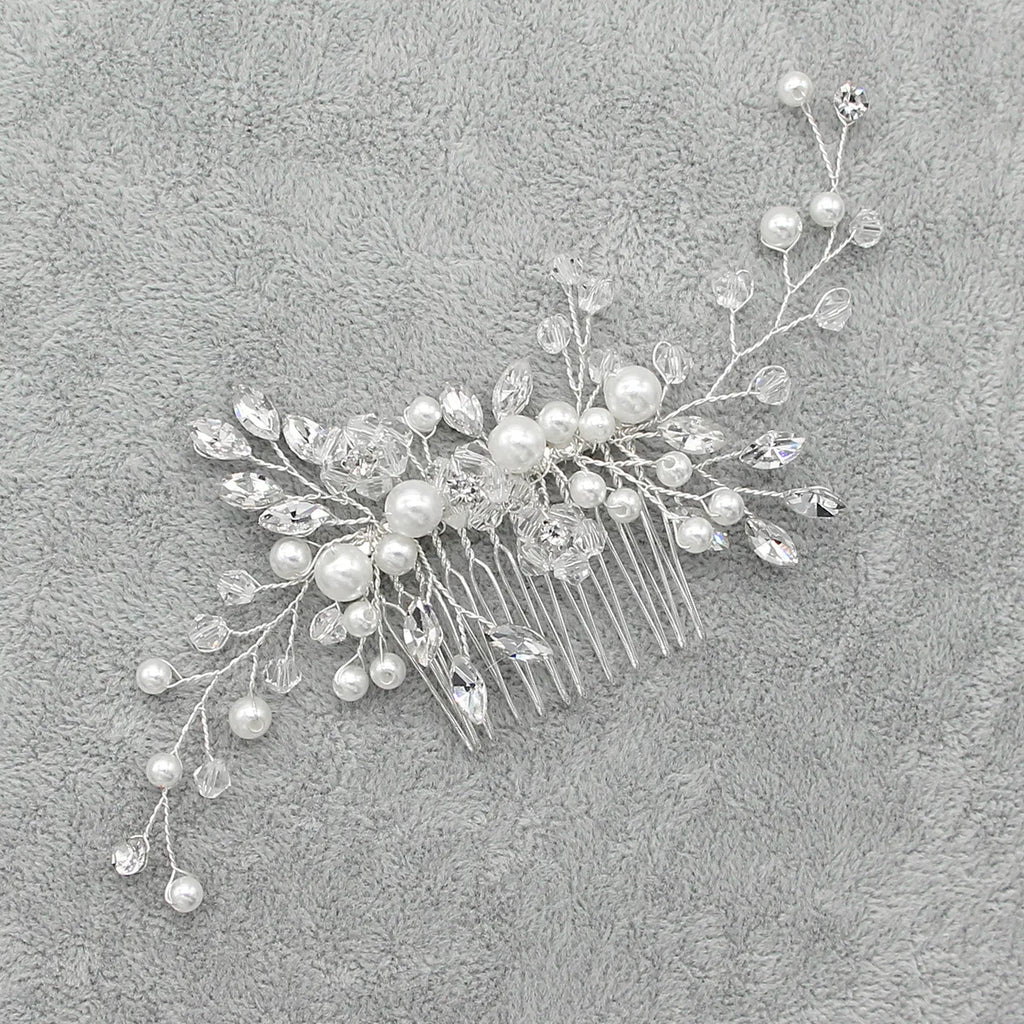 Bridal Flower Headpiece Silver Pearl Crystal Wedding Hair Combs