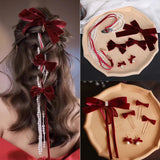 Red Bow Pearl Tassel Braided Wedding Hair Accessories