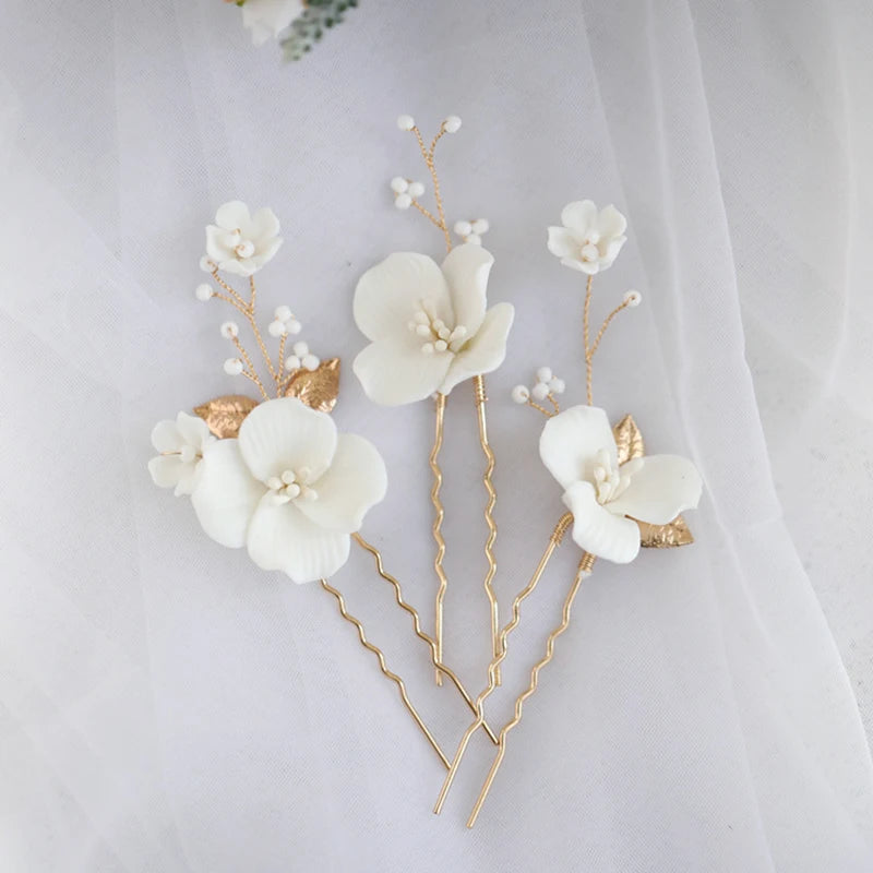 Bridal Hair Clips Pins Set Ceramic Flower Wedding Prom Women Headpiece