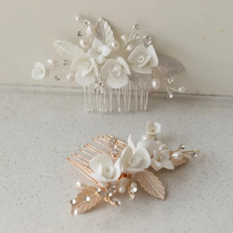 Ceramic Floral Pearls Bridal Hair Comb Piece Wedding Jewelry