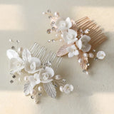 Ceramic Floral Pearls Bridal Hair Comb Piece Wedding Jewelry