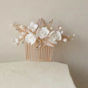 Ceramic Floral Pearls Bridal Hair Comb Piece Wedding Jewelry