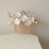 Ceramic Floral Pearls Bridal Hair Comb Piece Wedding Jewelry