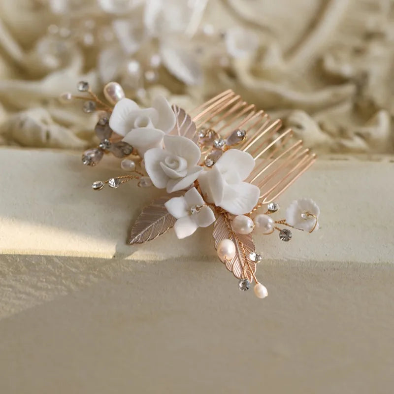 Ceramic Floral Pearls Bridal Hair Comb Piece Wedding Jewelry
