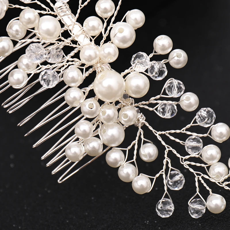 Crystal Wedding Hair Comb Silver Women Pearl Headpiece
