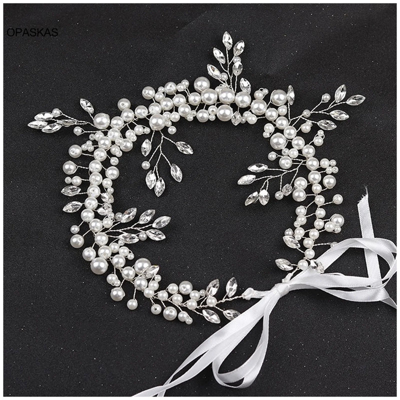 Bridal Hairband Tiaras Pearl Crystal Headband Hair Hoop With Ribbon Jewelry
