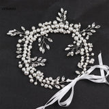 Bridal Hairband Tiaras Pearl Crystal Headband Hair Hoop With Ribbon Jewelry