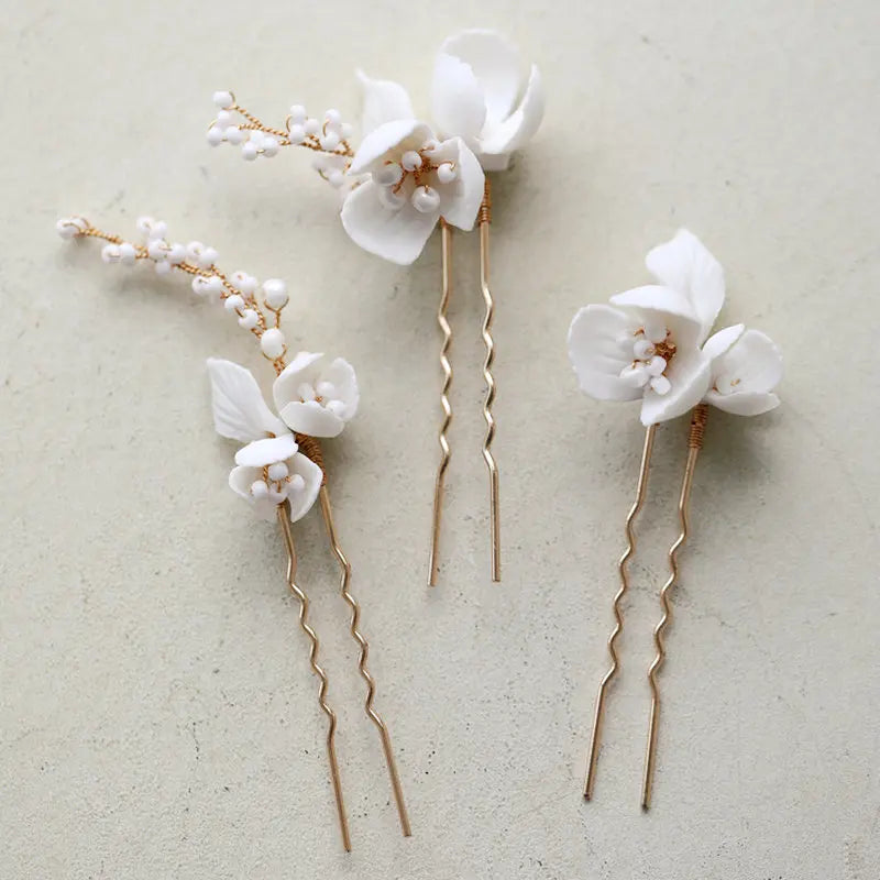 Bridal Ceramic Flower Hairpin Beaded Tiara