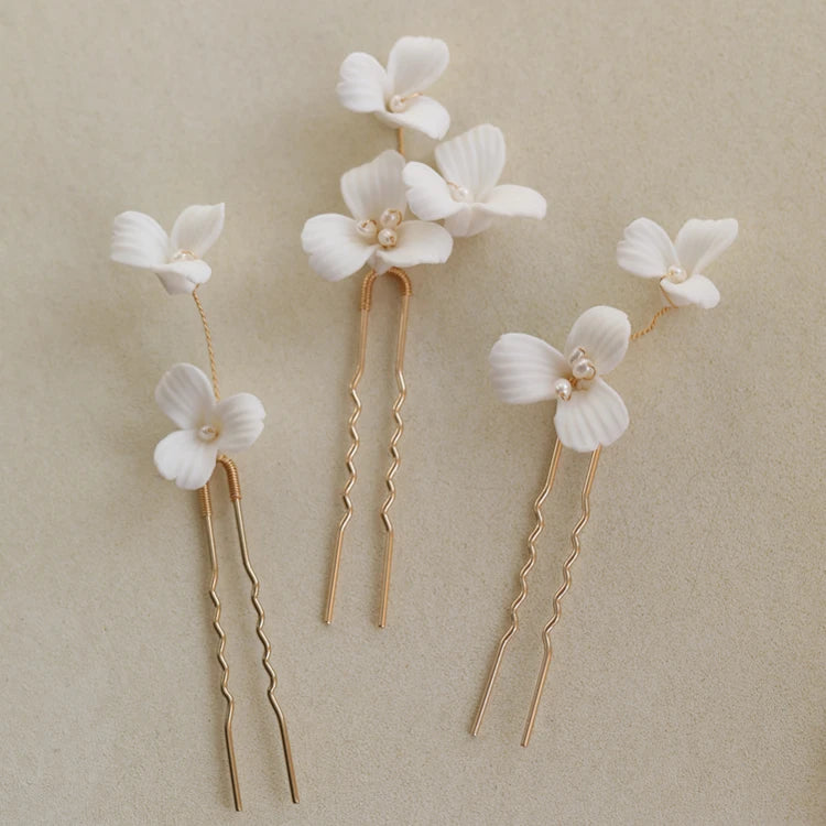 Bridal Porcelain Flower Hair Pins Freshwater Pearls