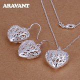 Heart Pendant Necklace Earring Set 925 Silver Bridal Wedding Jewelry