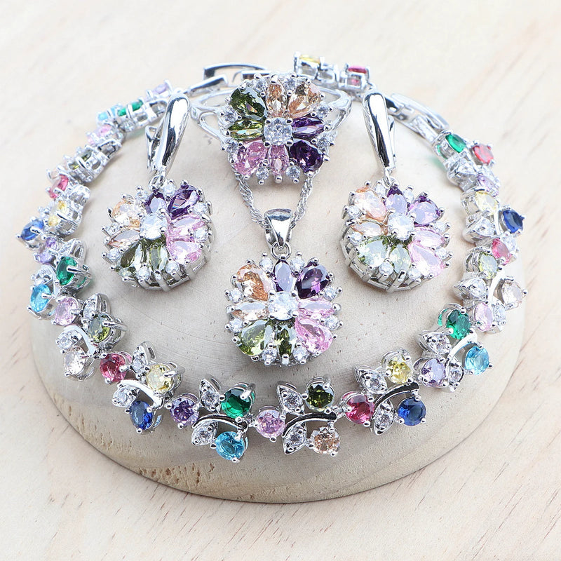 925 Silver Flower Zircon Bridal Jewelry Set Wedding Necklace Earrings Bracelet