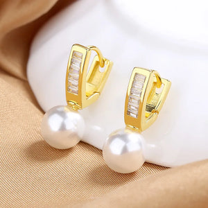 Bridal Simulated Pearl Hoop Earrings Antique Silver Zircon Engagement Jewelry