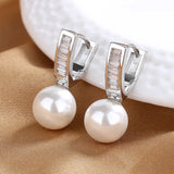 Bridal Simulated Pearl Hoop Earrings Antique Silver Zircon Engagement Jewelry