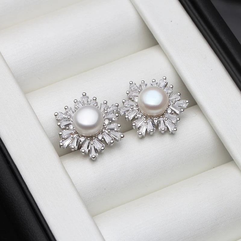 Real 925 Silver Stud Pearl Earring For Women, Natural Freshwater Grey Pearl Earr