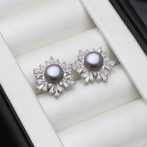 Real 925 Silver Stud Pearl Earring For Women, Natural Freshwater Grey Pearl Earr