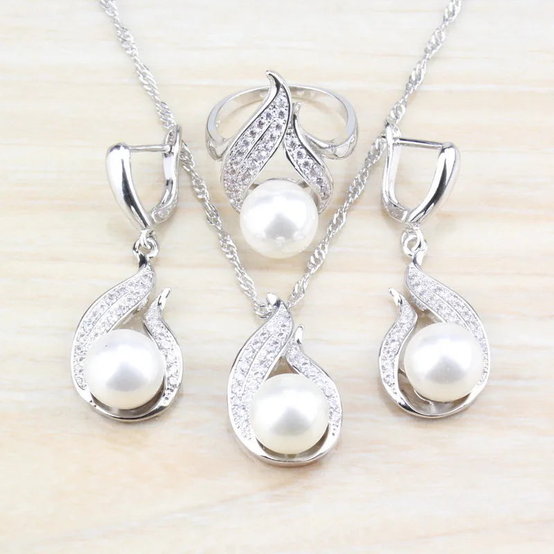 Freshwater Pearls CZ Bridal Jewelry Set Silver-Color Women Wedding Gift