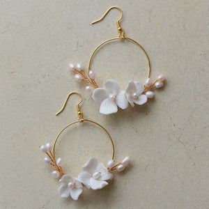 Bridal Round Earrings Freshwater Pearls Wedding Jewelry Ceramic Floral Leaf