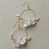 Bridal Round Earrings Freshwater Pearls Wedding Jewelry Ceramic Floral Leaf