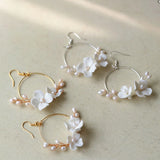 Bridal Round Earrings Freshwater Pearls Wedding Jewelry Ceramic Floral Leaf