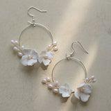 Bridal Round Earrings Freshwater Pearls Wedding Jewelry Ceramic Floral Leaf