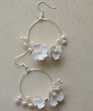 Bridal Round Earrings Freshwater Pearls Wedding Jewelry Ceramic Floral Leaf