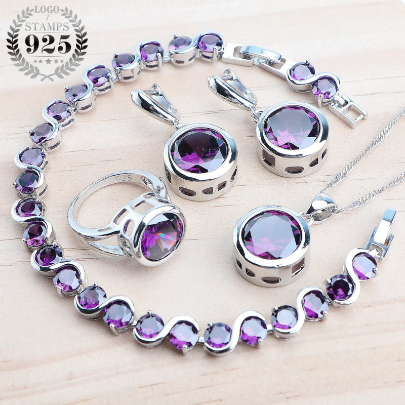Bridal Silver 925 Jewelry Sets Purple Zircon