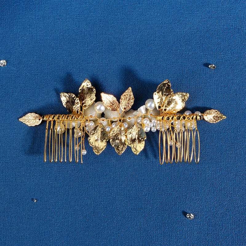 Handmade Pearl Flower Leaf Hair Comb Clips for Women Bride