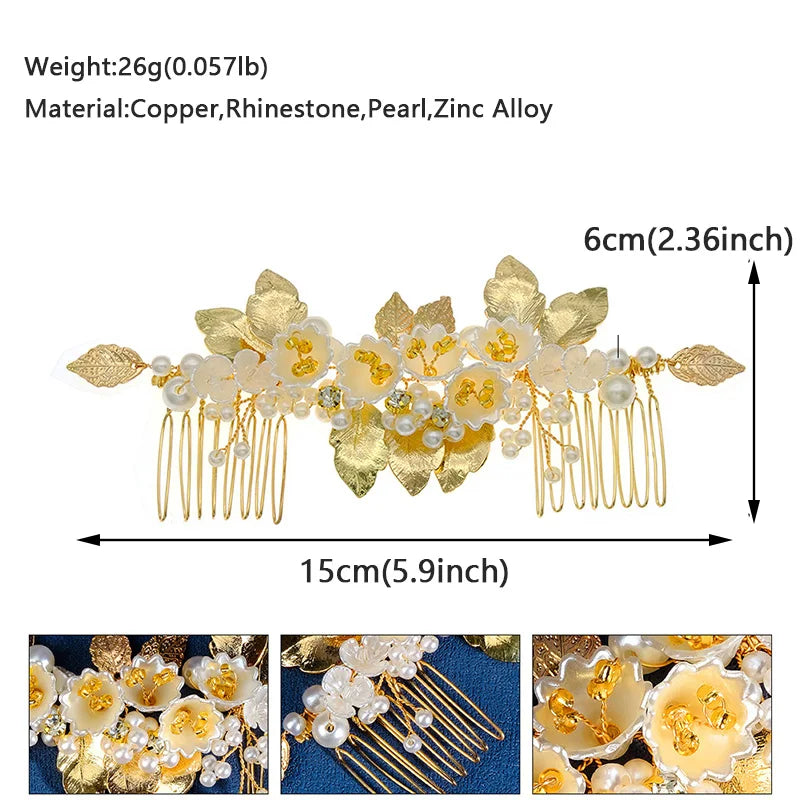 Handmade Pearl Flower Leaf Hair Comb Clips for Women Bride