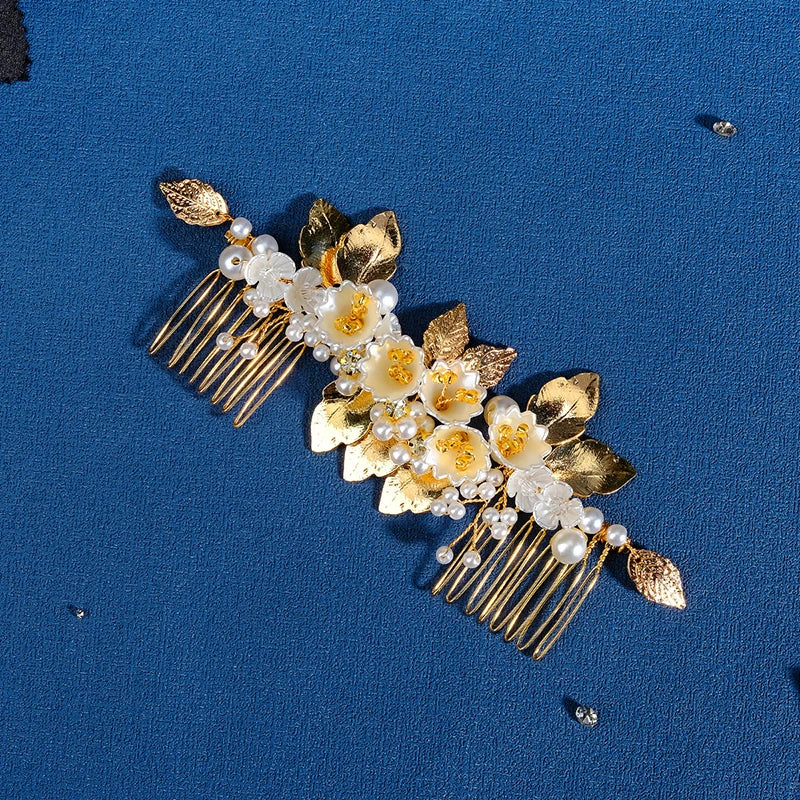Handmade Pearl Flower Leaf Hair Comb Clips for Women Bride
