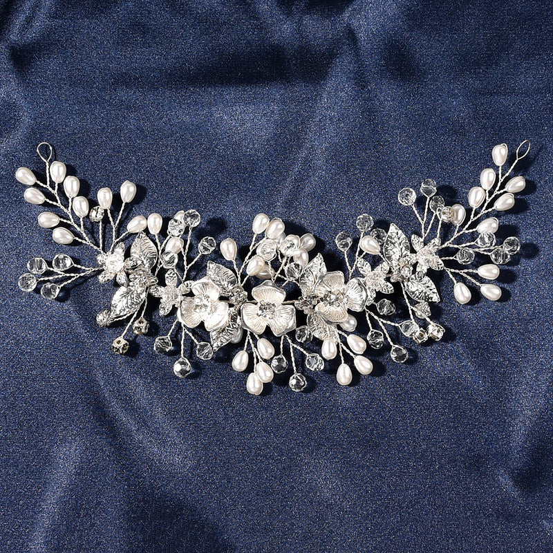 Crystal Headbands Silver Plated Flower Pearls Hairbands for Women Girls Wedding