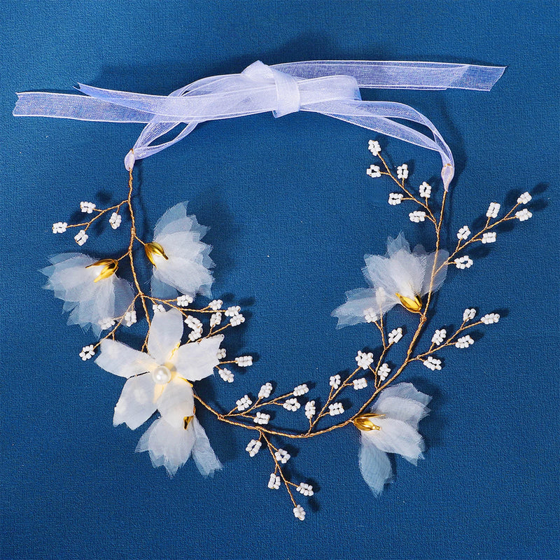 Bridal Flower Headband Tiara Ribbon Wedding Hair Jewelry
