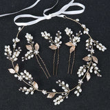 Golden Leaf Bridal Hair Band Wedding Crystal Pearl Hairpin Set
