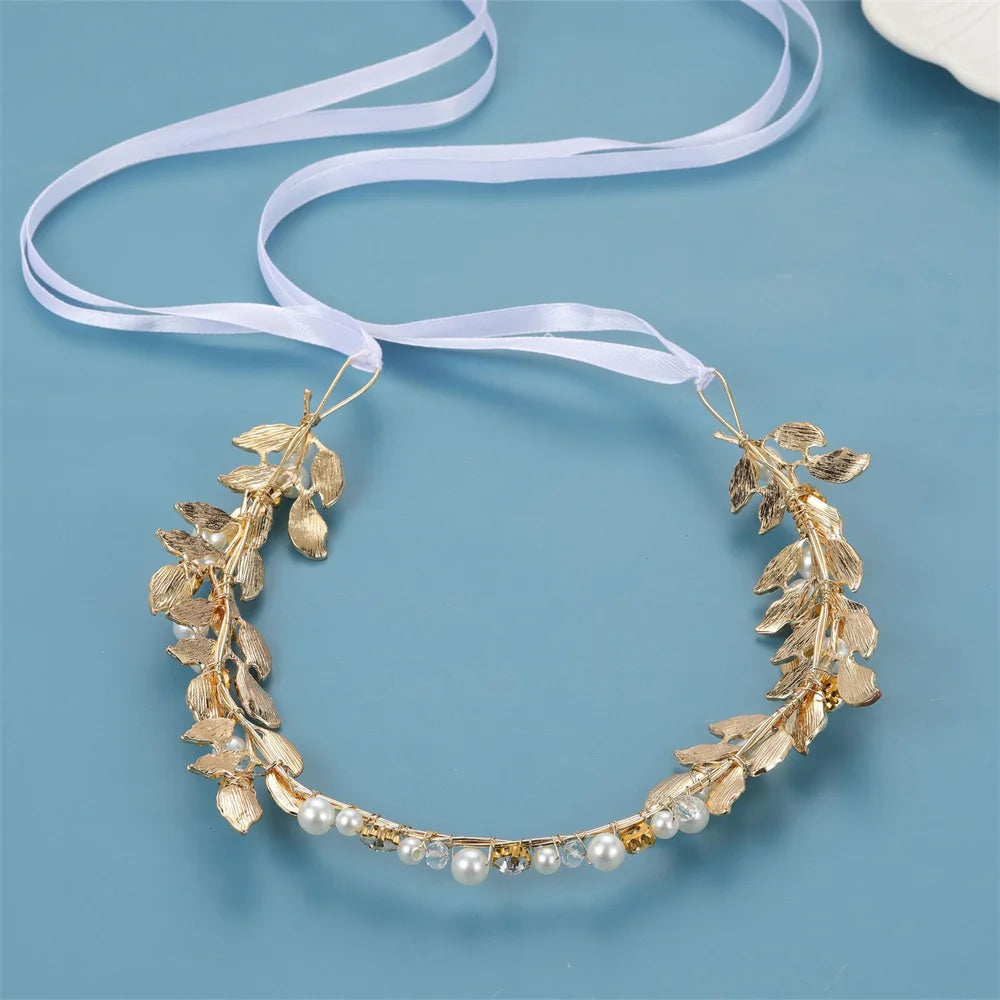 Bride Hair Accessories Leaf Headbands Crystal Pearls Hairbands for Women