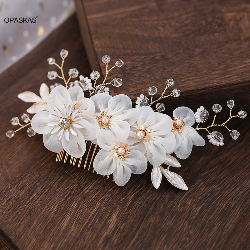 Bride Hair Combs Clips Silk Fabric Flowers Barrette Crystal Pearl Hairpin Tiaras