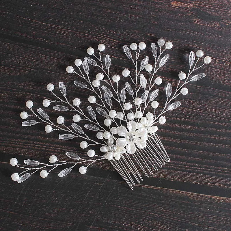 Bride Pearl Hairpins Wedding Flower Hair Comb Crystal Beads Bridal Hair Pins Hai