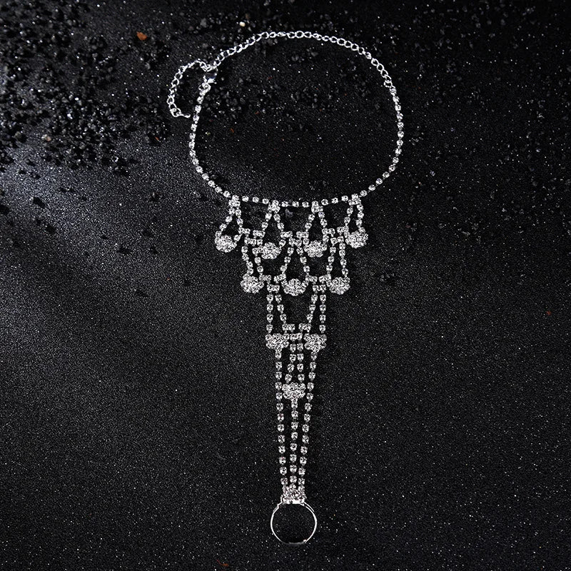 Rhinestone Flower Anklets for Women Foot Ring Bracelet Tassel Beach Foot Chain