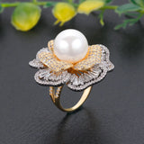 Charming Lady Pearl Ring Flower Shape Romantic Bridal Wedding Jewelry