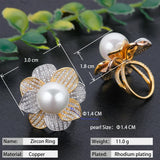 Big Pearl Flower Ring with Zircon Stones