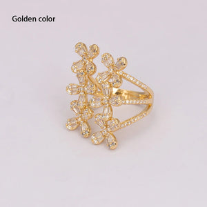 Zircon Micro Paved Ring Lucky Flower Leaf Trapezoid Women Party Jewelry